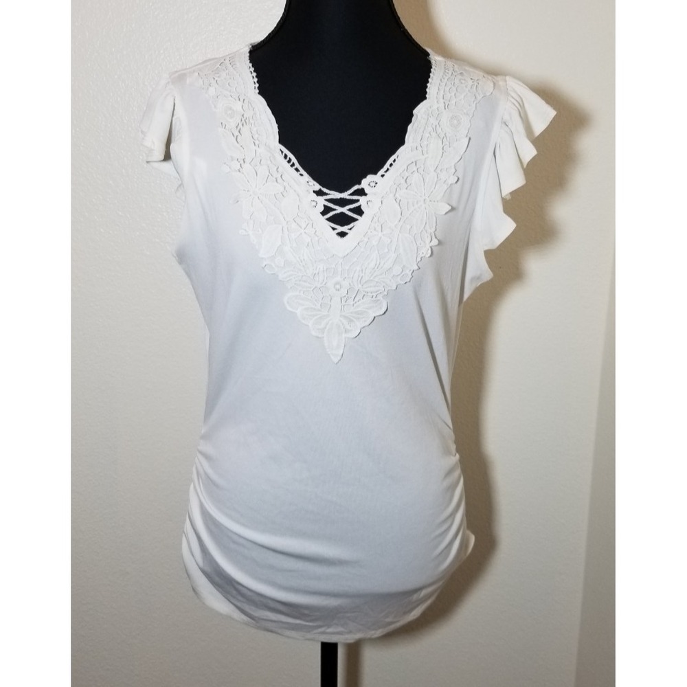 Adrienne Vittadini Small White Flutter Sleeve Ruched Top Preppy Minimalist NWT